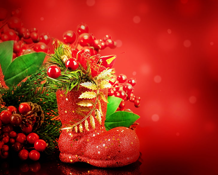 red boot ornament, balls, decoration, holiday, New Year, Christmas, HD wallpaper