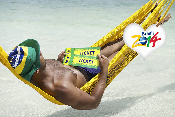 logo, man, football, flag, World Cup, Brasil, FIFA, hammock, 2014, tickets, HD wallpaper