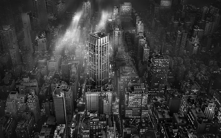 въздушен изглед на сгради, пейзаж, градски пейзаж, монохромен, Ню Йорк, архитектура, градски, мегаполис, мъгла, небостъргач, сграда, светлини, HD тапет