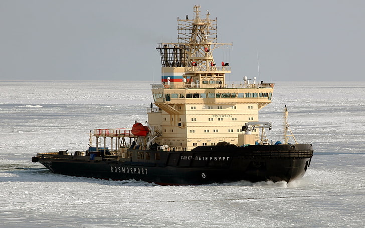 бяла и черна лодка, ледоразбивач, Санкт Петербург, лед, море, фински залив, HD тапет