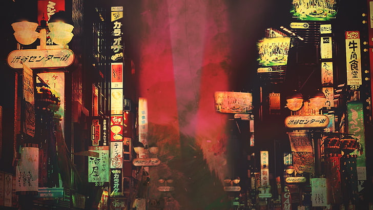 иллюстрация серии вывесок, станция Сибуя, фотография, Токио, Япония, знаки, улица, Масаси Вакуи, HD обои