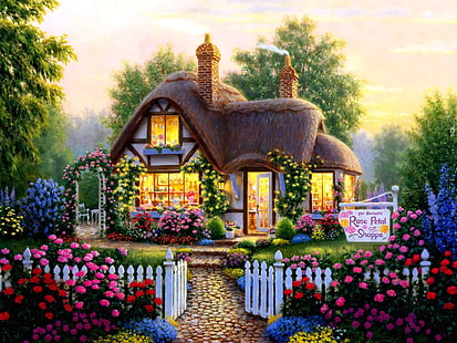 Artistic, House, Cottage, Flower, Painting, HD wallpaper HD wallpaper