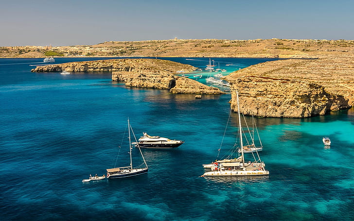 Paisaje de Malta, mar, rocas, yates, Malta, paisaje, mar, rocas, yates, Fondo de pantalla HD