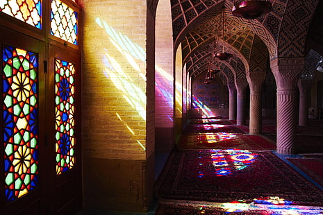 زجاج ملون، داخلي، سجاد، عمارة اسلامية، مبنى قديم، خلفية HD HD wallpaper