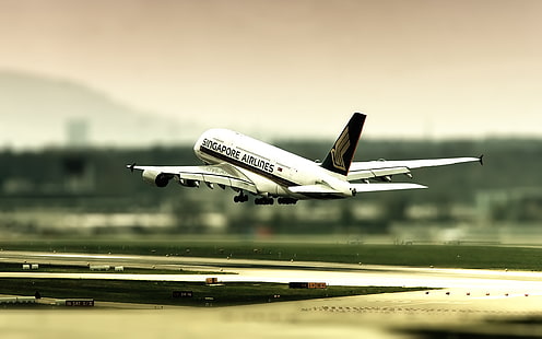 белый сингапурский авиалайнер, бело-синий самолет, самолет, Tilt Shift, пассажирский самолет, A380, Airbus, самолет, транспортное средство, Сингапур, фото манипуляции, HD обои HD wallpaper
