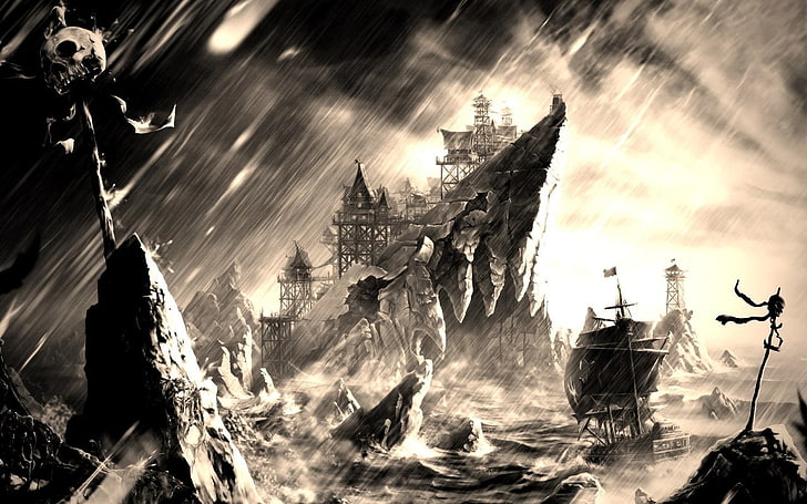 Foto en escala de grises de barco, barco, piratas, arte de fantasía, Fondo de pantalla HD