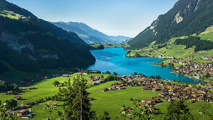 naturaleza, paisaje, árboles, valle, pueblo, césped, montañas, agua, casa, cielo, Suiza, Fondo de pantalla HD