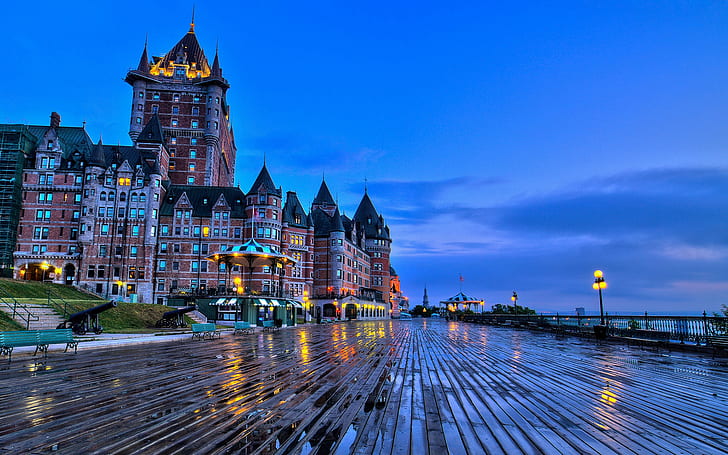 Quebec City, Canada, Chateau Frontenac castle, benches, evening, Quebec, City, Canada, Castle, Benches, Evening, HD wallpaper