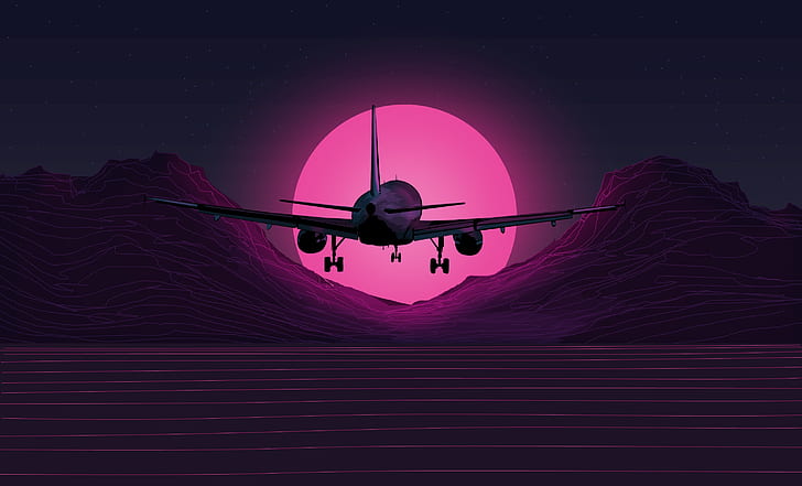The sun, Music, The plane, Background, Neon, 80's, Synth, Retrowave, Synthwave, New Retro Wave, Futuresynth, Sintav, Retrouve, Outrun, HD wallpaper