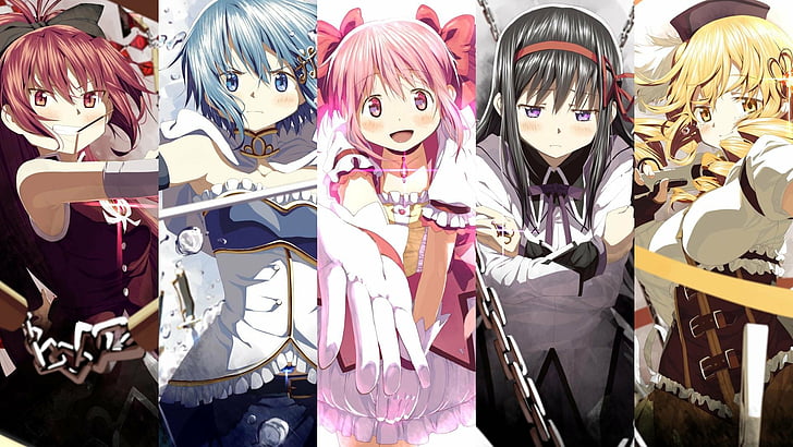 Anime, Puella Magi Madoka Magica, Homura Akemi, Kyōko Sakura, Madoka Kaname, Mami Tomoe, Sayaka Miki, Fondo de pantalla HD