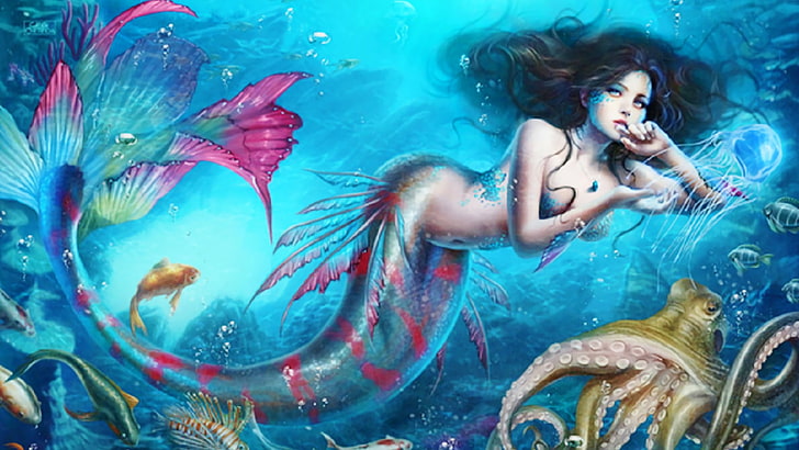 abstracto, fantasia, fondo, mar, nadando, peces, sirena, HD wallpaper