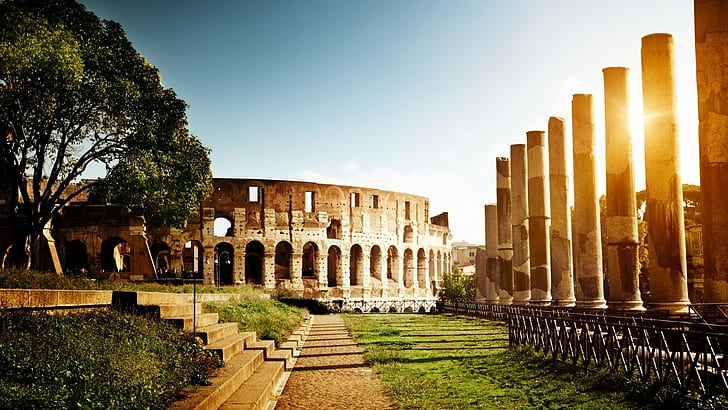 arch, monuments, Rome, trees, Colosseum, sunlight, stone, grass, Sun, architecture, Italy, path, arena, capital, pillar, building, nature, field, stairs, HD wallpaper