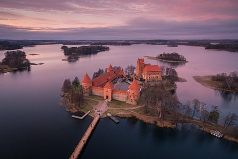 Castillos, Castillo de la isla de Trakai, Antena, Castillo, Horizonte, Lago, Lituania, Trakai, Fondo de pantalla HD HD wallpaper
