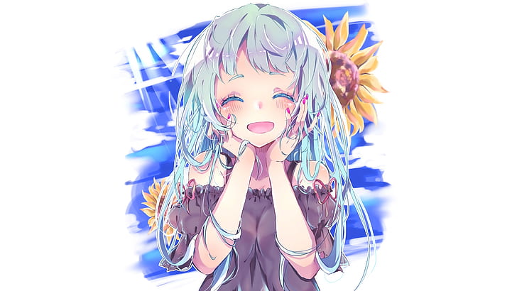 anime, manga, anime girls, simple background, minimalism, blue hair, summer, sunflowers, HD wallpaper