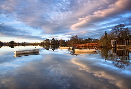 landscape photo of white row boat on body of water during daytime, Am, Bata, landscape, photo, row boat, body of water, daytime, Scotland, Trossachs, Loch Rusky, Rowing boat, Reflection, reflections, Dawn, nature, lake, outdoors, nautical Vessel, water, tree, winter, forest, sky, scenics, tranquil Scene, river, HD wallpaper HD wallpaper