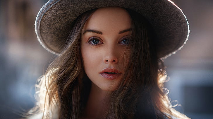 Georgy Chernyadyev, wanita, wajah, potret, topi, mata biru, Wallpaper HD