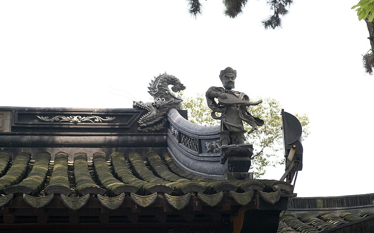 회색 콘크리트 동상, 지붕, 중국, 용 조각, 전통, HD 배경 화면