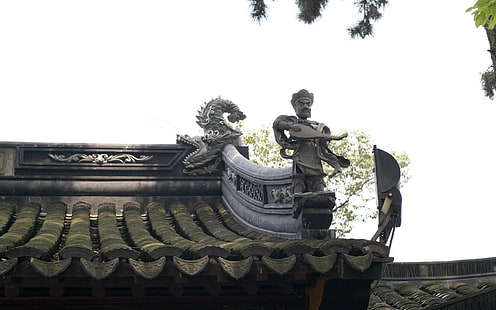 серая бетонная статуя, крыша, фарфор, скульптура дракона, традиционный, HD обои HD wallpaper