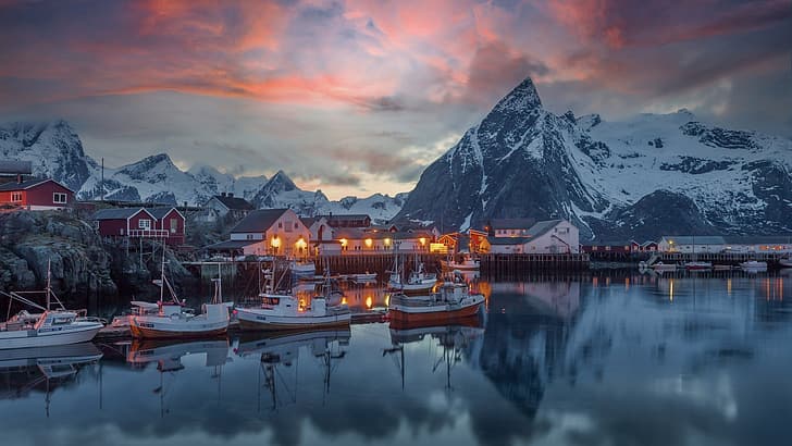 mer, coucher de soleil, montagnes, Baie, jetée, village, Norvège, maisons, le fjord, Moskenes, Les îles Lofoten, Lofoten, bateaux, Fond d'écran HD