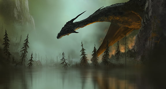 dragon in forest illustration, artwork, digital art, dragon, HD wallpaper HD wallpaper