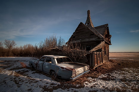coche, vehículo, paisaje, ruina, ruina, Fondo de pantalla HD HD wallpaper
