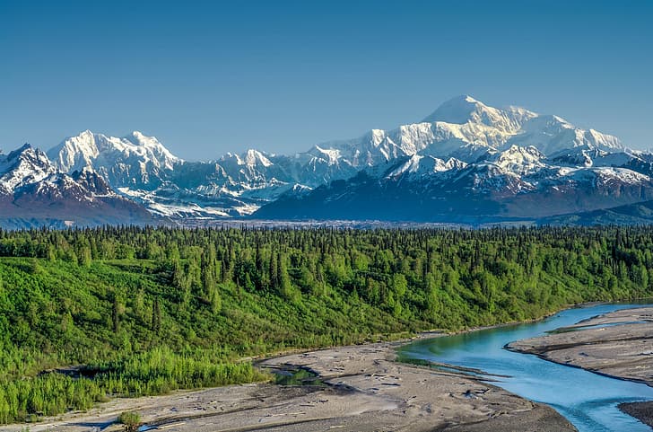 forest, mountains, river, Alaska, Denali National Park, Alaska Range, Mount McKinley, HD wallpaper