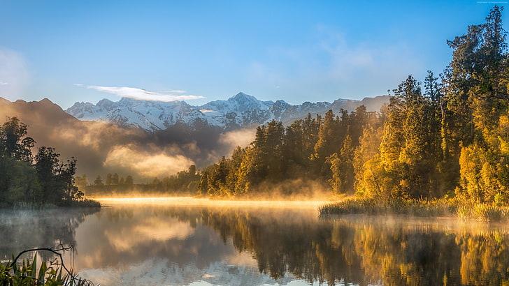 niebla, lago, otoño, montañas, 4K, bosque, Fondo de pantalla HD