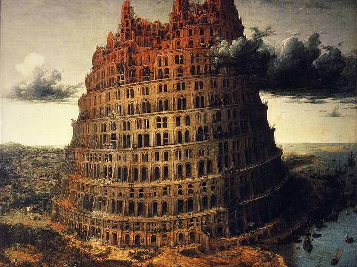 clip de castillo marrón, torre, babilonia, pintura, creativo, Fondo de pantalla HD