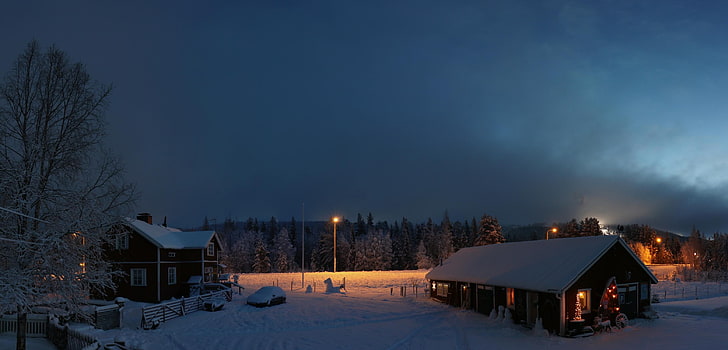 casa di legno marrone, inverno, neve, alba, mattina, case, Finlandia, Lapponia, Sfondo HD