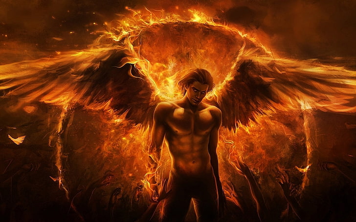 Illustrazione di Lucifero, scuro, angelo, fuoco, fiamma, inferno, guerriero, ali, Sfondo HD