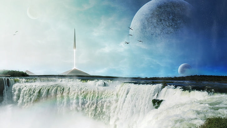 обои водопад, водопад, планета, научная фантастика, космическое искусство, природа, цифровое искусство, HD обои
