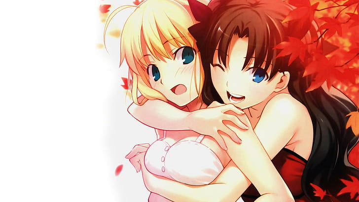 Fate Series, Tohsaka Rin, Saber, hugging, anime girls, HD wallpaper
