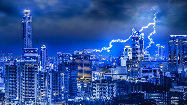 blue light, lightning, strike, storm, cityscape, cloudy, city lights, weather, HD wallpaper