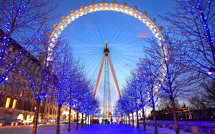 Diabelski młyn, Londyn, London Eye, niebieski, diabelski młyn, lampki choinkowe, drzewa, ścieżka, Tapety HD