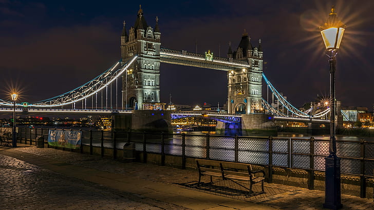 нощ, мост, светлини, река, Англия, Лондон, фенер, Тауър мост, алея, мегаполис, HD тапет