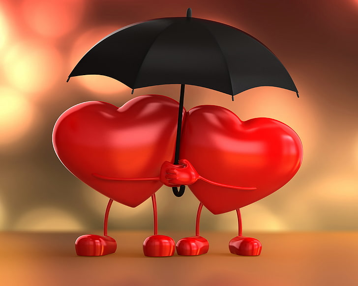 два красных слышат под зонтиком иллюстрация, любовь, сердце, зонт, любовники, HD обои
