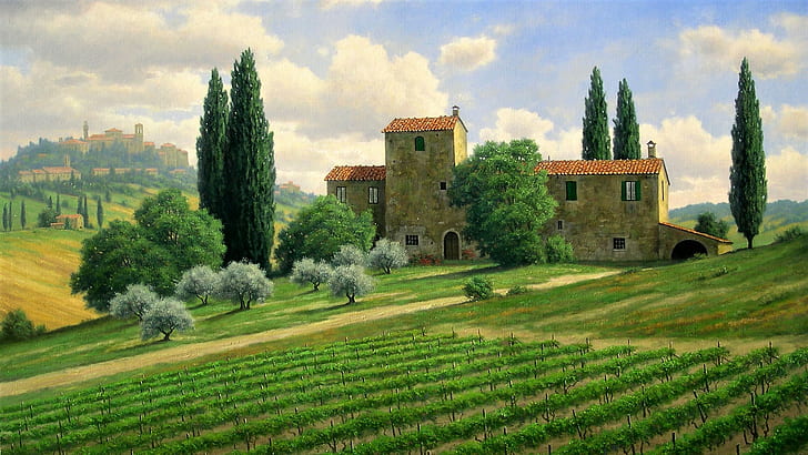 Artistic, Painting, Italy, Landscape, Tuscany, HD wallpaper
