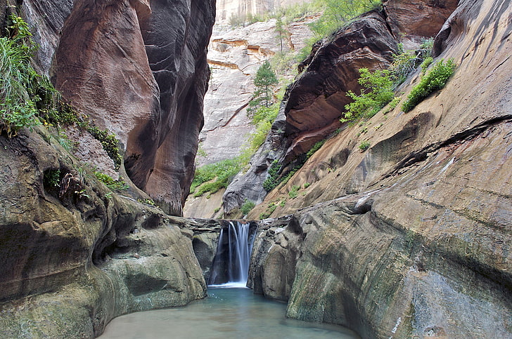 árvores, rio, pedras, rochas, cachoeira, desfiladeiro, desfiladeiro, Utah, EUA, Zion National Park, HD papel de parede