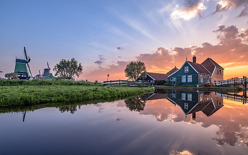 утро, мельница, Нидерланды, Голландия, Заансе Сханс, HD обои HD wallpaper