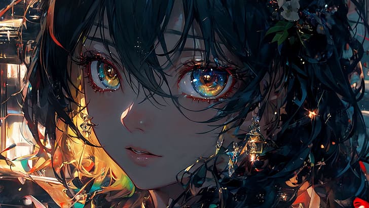 สาวอะนิเมะ ดวงตาลึกลับ ดวงตาเรืองแสง ขนตา ต่างหู ดอกไม้ ลิปสติกสีชมพู, วอลล์เปเปอร์ HD