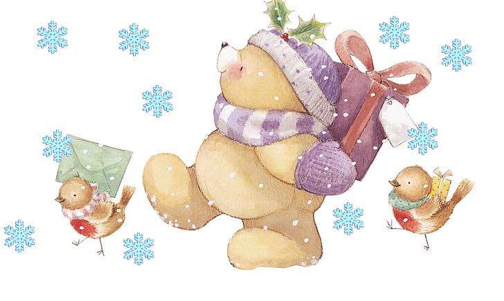 winter, letter, snowflakes, mood, holiday, gift, art, bear, New year, birds, children's, Forever Friends Deckchair bear, HD wallpaper