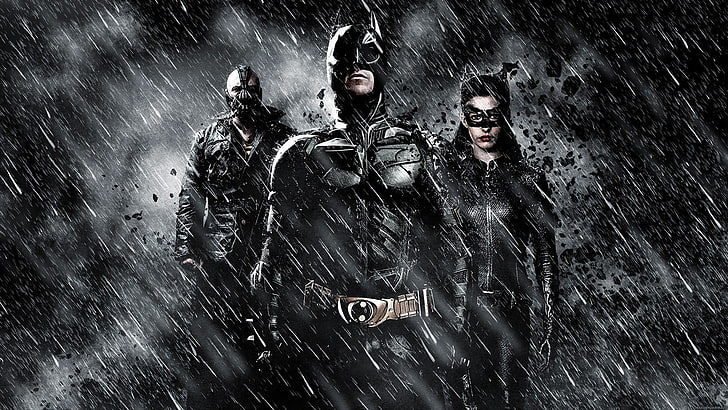 Batman, The Dark Knight Rises, Bane, Catwoman, MessenjahMatt, Selina Kyle, rain, monochrome, movies, HD wallpaper