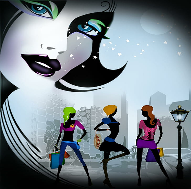 Girls Night Out, moon, stars, girls, drawing, colours, streetlight, 3d and abstract, HD wallpaper