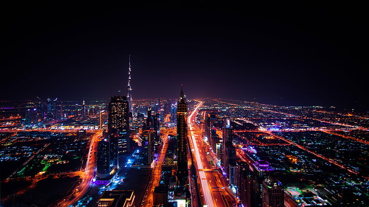 Дубай, градски светлини, градски пейзаж, столичен район, Бурж Халифа, метрополия, Обединени арабски емирства, нощ, ОАЕ, силует, нощен град, небостъргач, център, 5k uhd, хоризонт, HD тапет