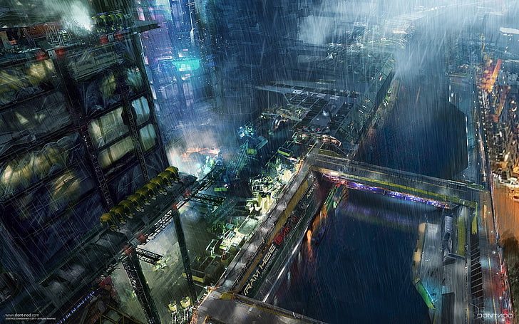 cyberpunk, rain, futuristic, futuristic city, city, bridge, HD wallpaper