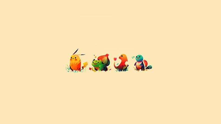 иллюстрация четырех покемонов разных цветов, четыре покемона, покемон, минимализм, пикачу, бульбазаур, сквирт, чармандер, бежевый, бежевый фон, HD обои