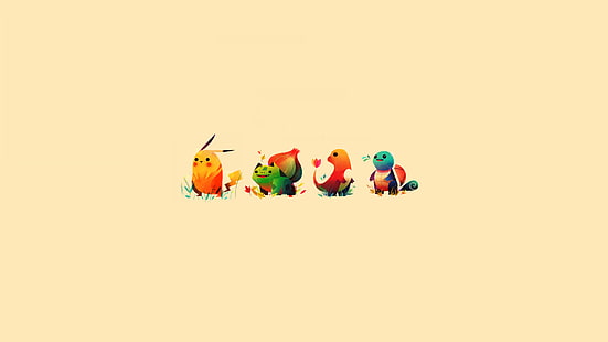 empat ilustrasi karakter Pokemon berbagai macam warna, empat ilustrasi Pokemon, Pokemon, minimalis, Pikachu, Bulbasaur, Squirtle, Charmander, beige, beige background, Wallpaper HD HD wallpaper