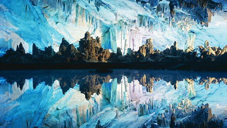 réflexion, reflété, cristal, clair, eau, lac, grotte, roches, nature, Fond d'écran HD