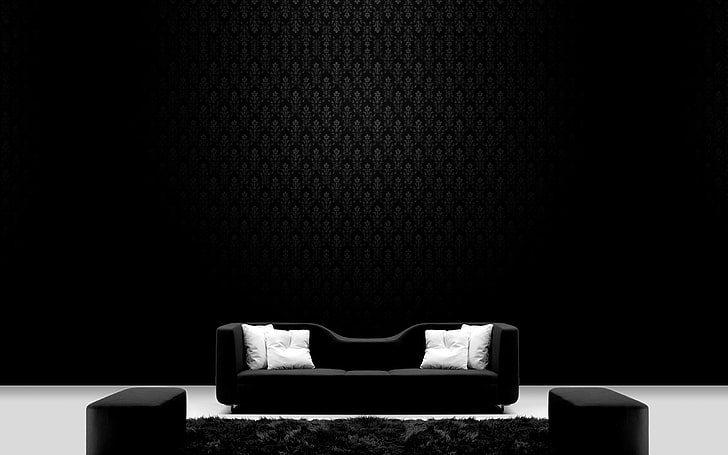 검은 소파와 네 개의 흰색 방석, 소파, 벽지, 검은 색과 흰색, 카펫, 베개, 오스만, HD 배경 화면