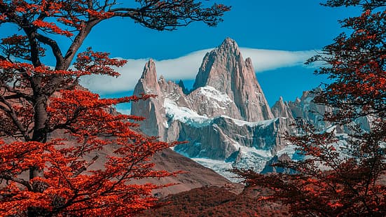 naturaleza, paisaje, nubes, cielo, árboles, bosque, otoño, montaña nevada, Monte Fitz Roy, Patagonia, Argentina, Fondo de pantalla HD HD wallpaper